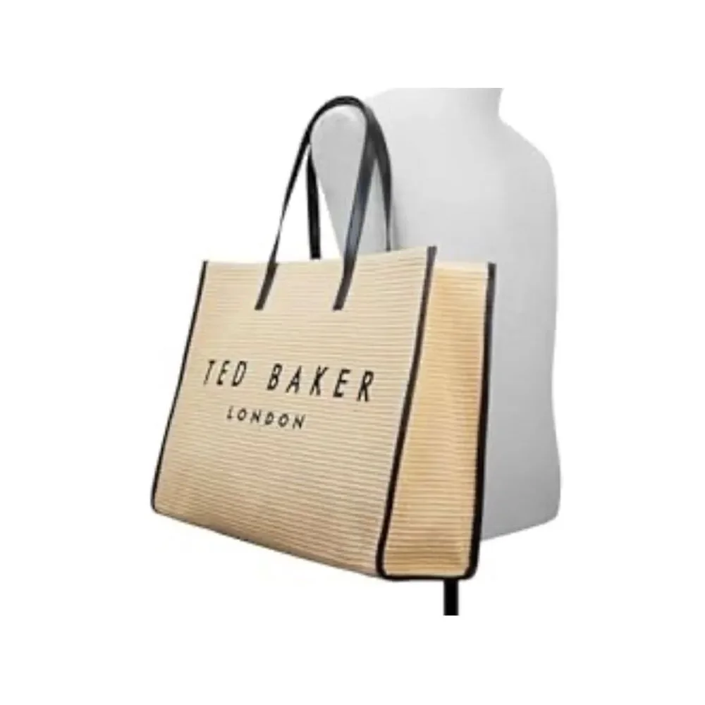 TED BAKER The Icon Palmer Tote Ivory Straw Black Faux Leather Embroidered Logo